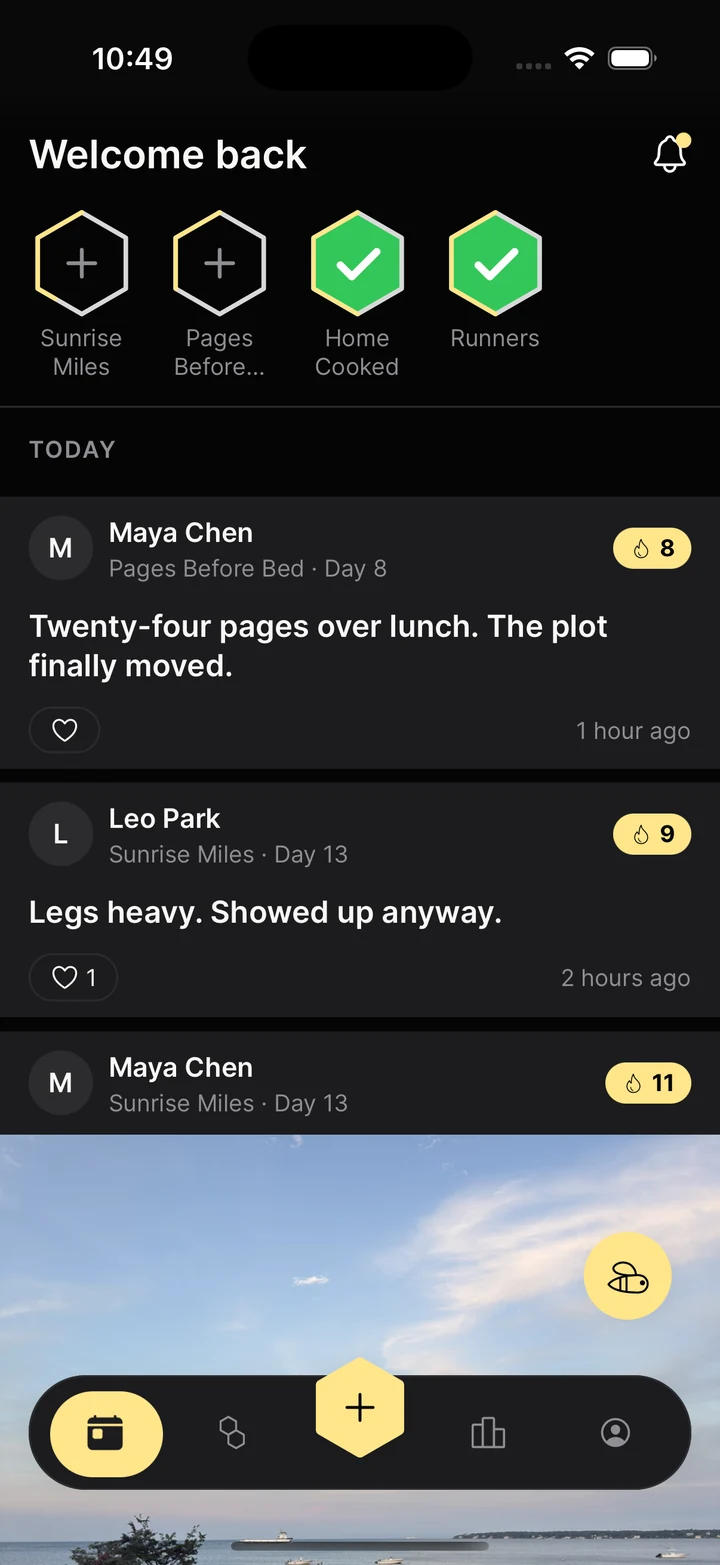 The ArcHive Today screen: hive hexagons across the top, a feed of friends' daily check-ins with streak counts, and the floating Buzz bee button.
